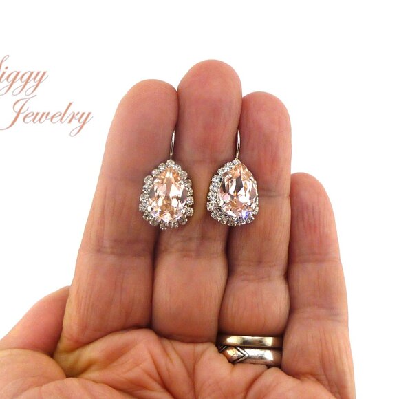 Rhodium Plated Vintage Rose Bridal Pear Halo Earrings made with Austrian Crystal - Picture 4 of 4